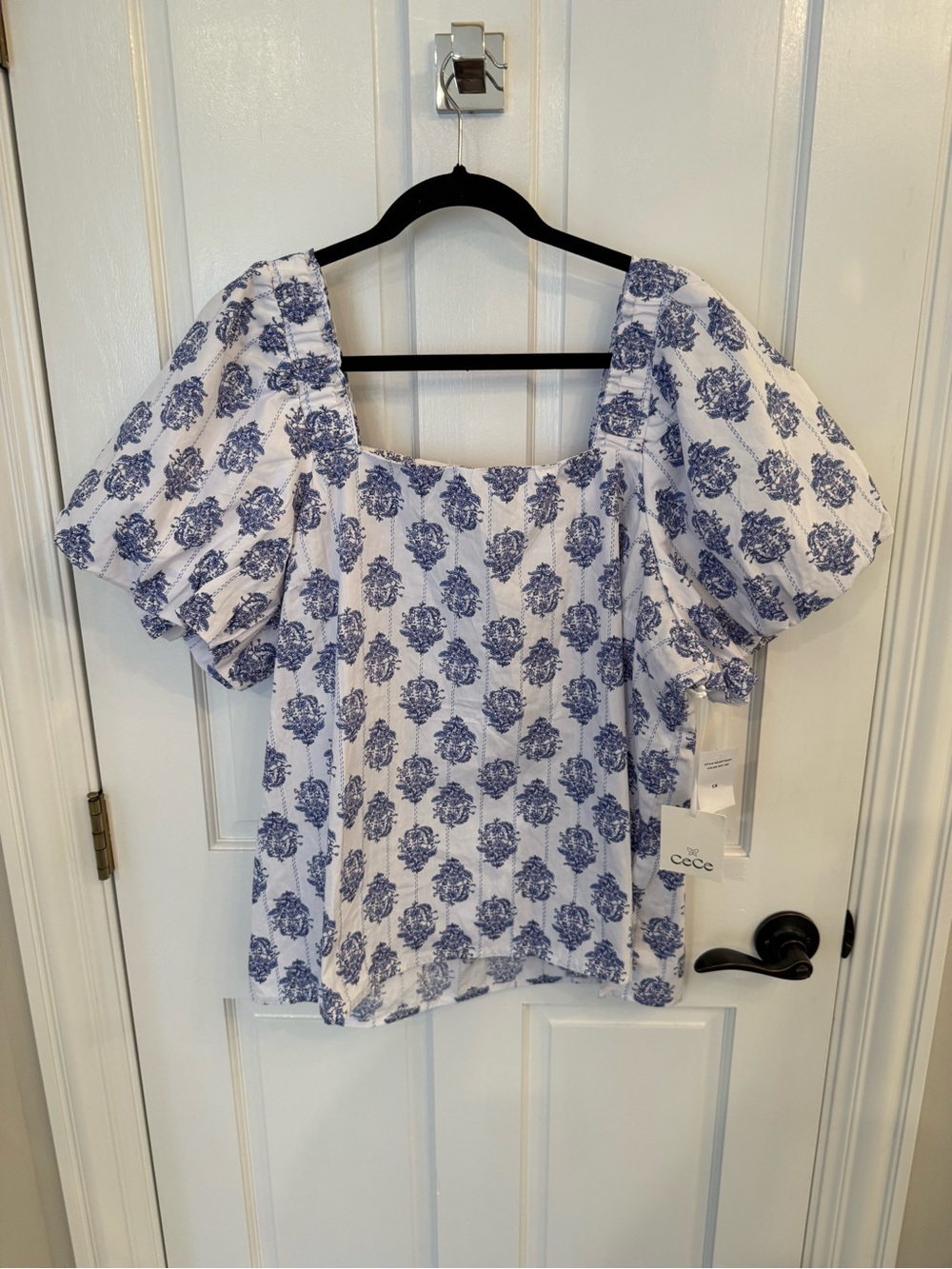 CeCe Blue Floral Puff-Sleeve Square Neck Blouse NWT